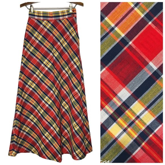 Vintage 60s 70s Plaid Maxi Skirt, Red Blue Plaid A Line Skirt, Hippie Academia - Picture 1 of 14